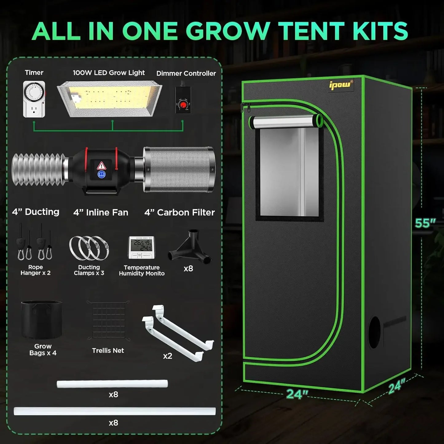Grow Tent Kit Complete 2x2 ft LED Grow Light Dimmable | Hydro ATL